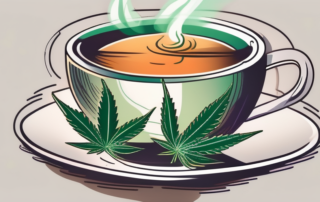 A steaming cup of tea with a cannabis leaf gently floating above it