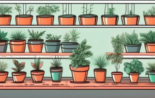 Several led grow lamps shining brightly over a variety of thriving plants in different stages of growth and bloom