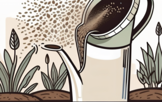 A watering can gently pouring water onto a small patch of soil where multiple seeds are visibly planted