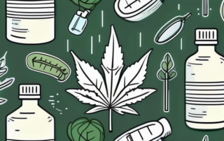 A bottle of hemp oil surrounded by fitness and health symbols such as a measuring tape