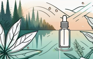 A cbd oil dropper with a few drops falling into a tranquil