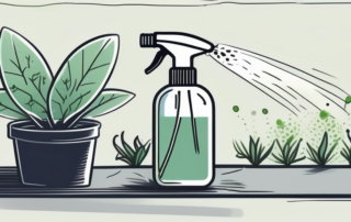 A plant infested with fungus gnats with a spray bottle of hydrogen peroxide next to it