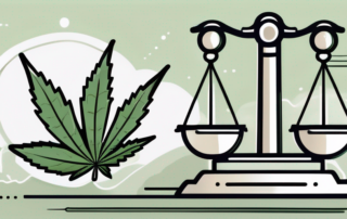 A balanced scale with a cannabis leaf on one side and a courthouse or legal symbol on the other