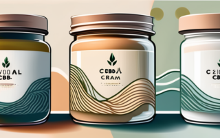 Several cbd cream jars lined up with a backdrop of stylized