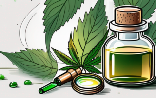 A bottle of cbd hemp oil surrounded by hemp plants