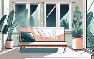 A cozy home interior with a humidifier emitting steam near indoor plants