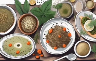 A variety of delicious dishes garnished with unshelled hemp seeds
