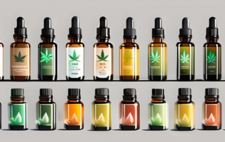 Ten different styled bottles of cbd oil neatly arranged in a row