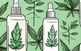 A cbd mouth spray bottle with a mint leaf and hemp plant