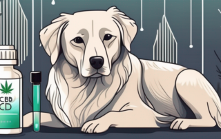 A dog peacefully resting with a bottle of cbd drops and a dropper nearby