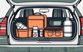A car trunk open with various essential items such as a first aid kit