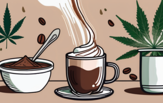 A steaming mug of hot cocoa next to a cannabis leaf and various ingredients like cocoa powder