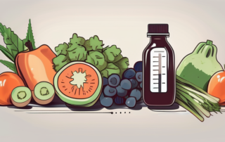 A bottle of hemp oil surrounded by healthy fruits and vegetables