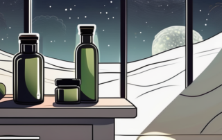 A tranquil night scene with a bottle of hemp oil sitting on a bedside table