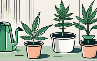 An overwatered cannabis plant with drooping leaves in a pot