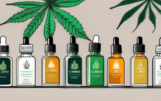 Ten different styled bottles of cbd oil arranged in a row