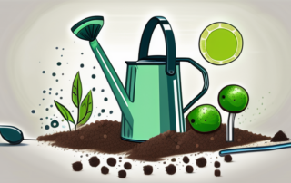 A garden scene with a visible ph scale and various gardening tools such as a watering can and lime pellets