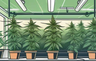 A lush cannabis plant in a well-maintained indoor garden set-up