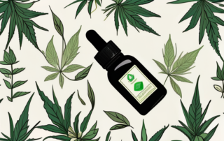 A bottle of hemp oil surrounded by lush