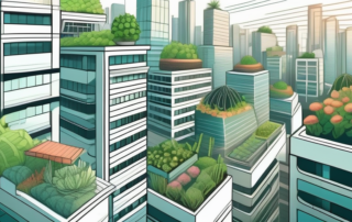 A bustling cityscape with futuristic structures