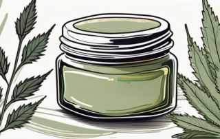 A jar of homemade hemp salve surrounded by raw hemp plants and essential oils
