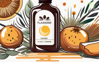 A bottle of flaxseed oil (leinöl) surrounded by various healthy foods