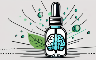 A cbd oil dropper bottle with a few droplets falling into a stylized depiction of a human brain