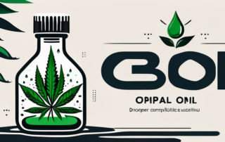A dropper bottle with cbd oil surrounded by hemp leaves