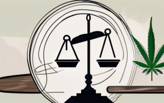 A balanced scale with a cannabis leaf on one side and a law gavel on the other