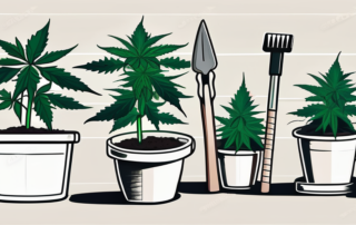 Several healthy autoflowering cannabis plants growing outdoors with some gardening tools nearby