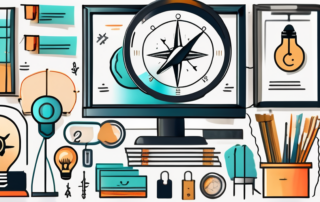 A marketplace filled with various symbolic items like a magnifying glass