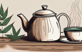 A steaming cup of hemp tea on a rustic table