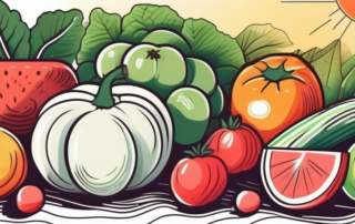 A variety of ripe fruits and vegetables on a field under a bright sun