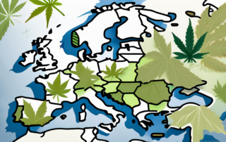 A european union map with cannabis leaves sprouting from various locations