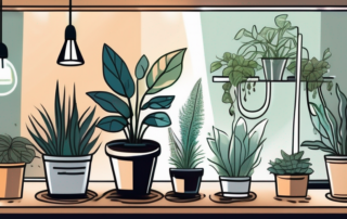 Several different types of uvb lamps shining down on a variety of thriving indoor plants