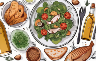 A bottle of linseed oil surrounded by a variety of foods such as salads