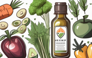 A bottle of hemp seed oil surrounded by various healthy foods like fruits and vegetables