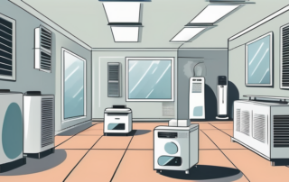 Various ventilation systems and air purifiers scattered in a room