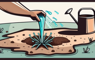 A watering can pouring water onto a patch of soil where seeds have been planted