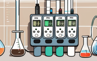 A ph meter alongside various test samples like water