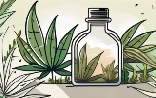 A cbd hemp oil bottle surrounded by hemp leaves and plants