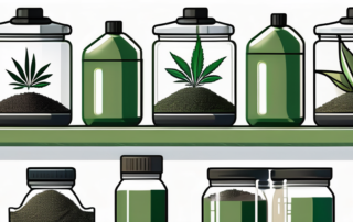 Several types of fertilizer containers placed near a healthy