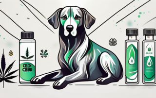 A dog peacefully resting with a bottle of cbd oil nearby