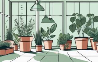 A well-lit indoor garden setup with various lush plants growing in pots and hydroponic systems