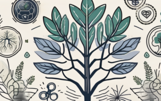 A hemp plant with various symbols around it representing health and wellness