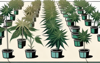 Several cannabis plants evenly spaced out in a one square meter garden patch