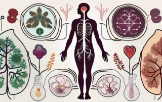 A human body silhouette with symbolic representations of cbd molecules interacting with various organs