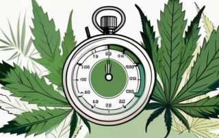 A stopwatch surrounded by cannabis leaves and a human body silhouette