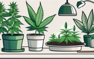 A beginner's indoor cannabis garden with various gardening tools and a detailed guidebook on a table