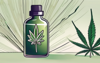 A cbd oil dropper bottle with a hemp leaf in the background
